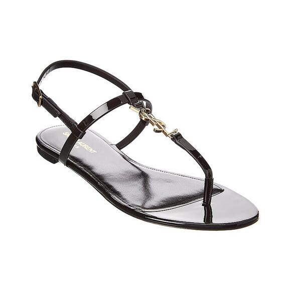Saint Laurent 'Cassandra' Black Leather  Patent Sandal Size 10 - Picture 1 of 6